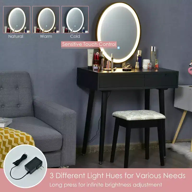 Toeletta Trucco con Specchio Touch Screen 3 Modalità di Illuminazione Sgabello Incluso Bianco\Nero\Grigio