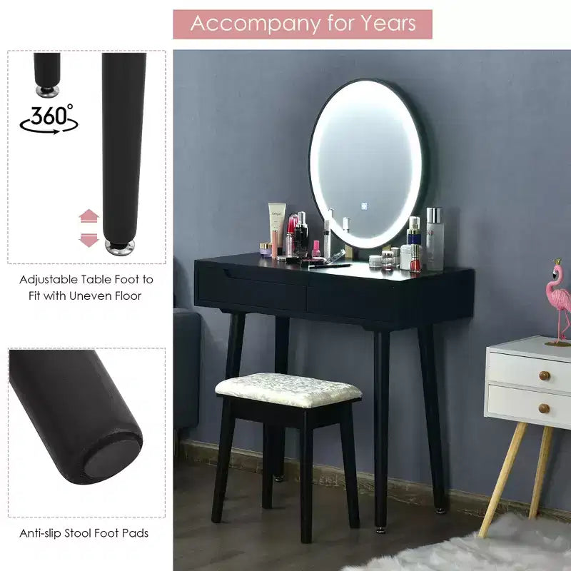Toeletta Trucco con Specchio Touch Screen 3 Modalità di Illuminazione Sgabello Incluso Bianco\Nero\Grigio