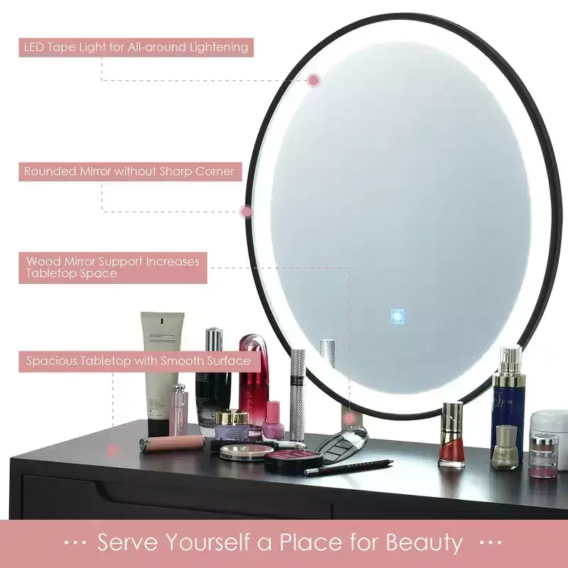 Toeletta Trucco con Specchio Touch Screen 3 Modalità di Illuminazione Sgabello Incluso Bianco\Nero\Grigio