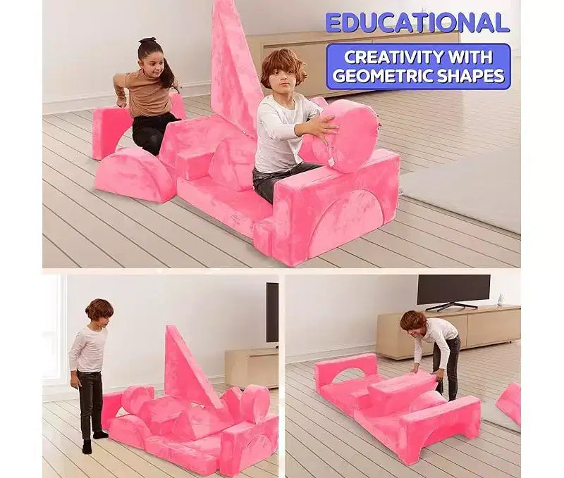 Divano per bambini componibile a 14 pezzi - Set gioco modulare convertibile in morbida schiuma | Divano per fortezza per bambini, Mobili per sala giochi per bambini