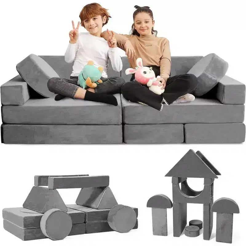 Divano per bambini componibile a 14 pezzi - Set gioco modulare convertibile in morbida schiuma | Divano per fortezza per bambini, Mobili per sala giochi per bambini
