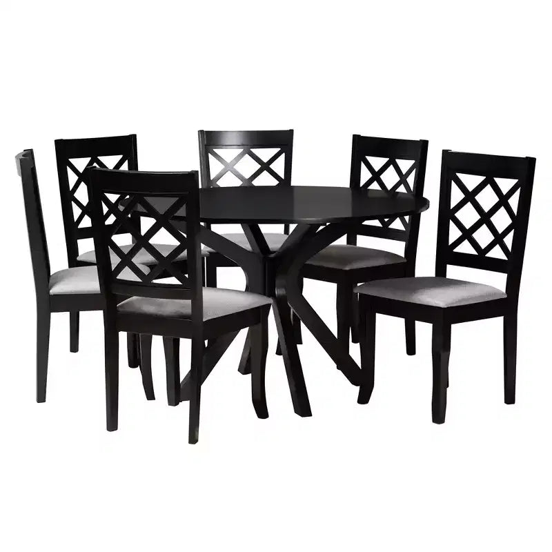 Set da pranzo Jana da 7 pezzi in tessuto grigio moderno e legno con finitura marrone espresso