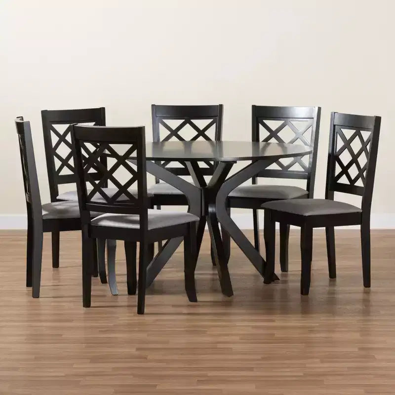 Set da pranzo Jana da 7 pezzi in tessuto grigio moderno e legno con finitura marrone espresso
